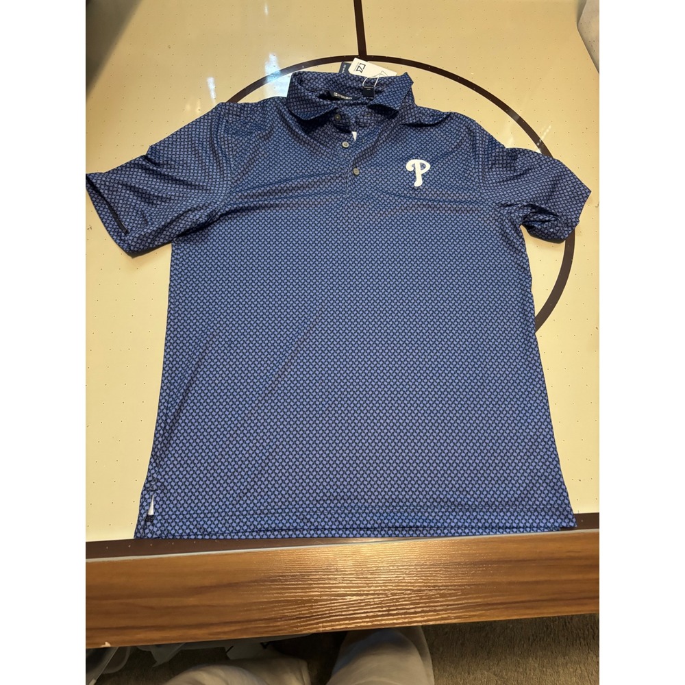 1249 Cutter & Buck Mens Philadelphia Phillies Polo Shirt Navy Blue Geometric